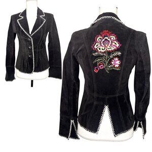 Vintage Passport Y2K Black Suede Jacket Embroidered Floral Whipstitch Trim Small